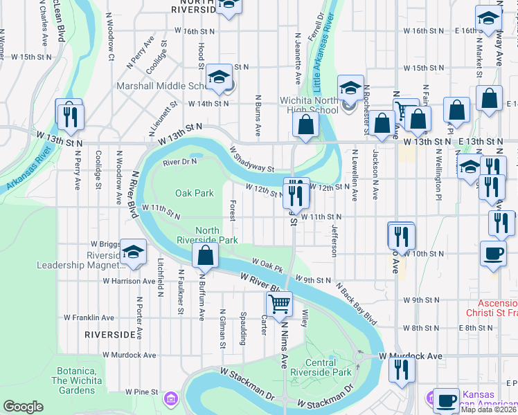 map of restaurants, bars, coffee shops, grocery stores, and more near 919 West 12th Street North in Wichita