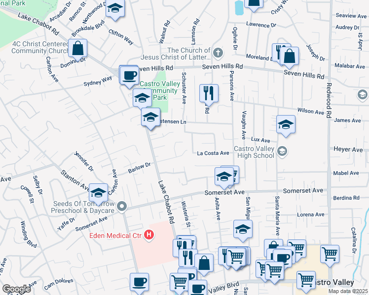 map of restaurants, bars, coffee shops, grocery stores, and more near 19336 Brusk Court in Castro Valley