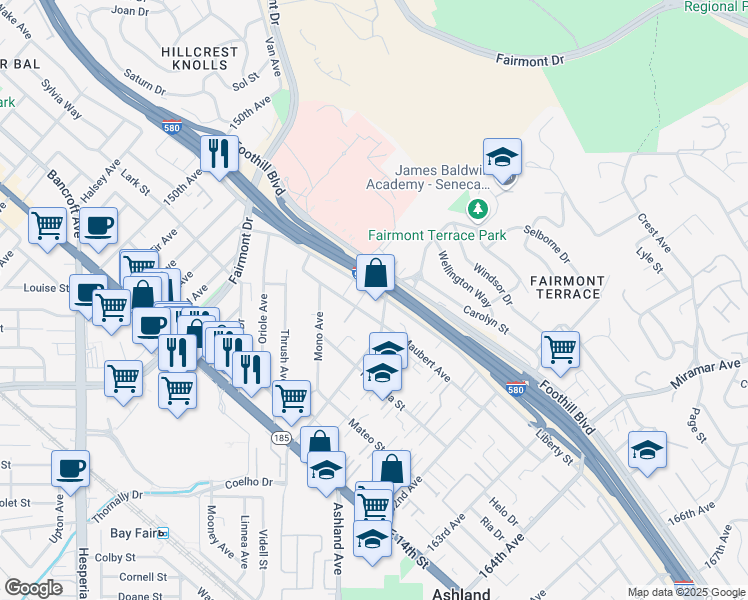 map of restaurants, bars, coffee shops, grocery stores, and more near 15695 Liberty Street in San Leandro