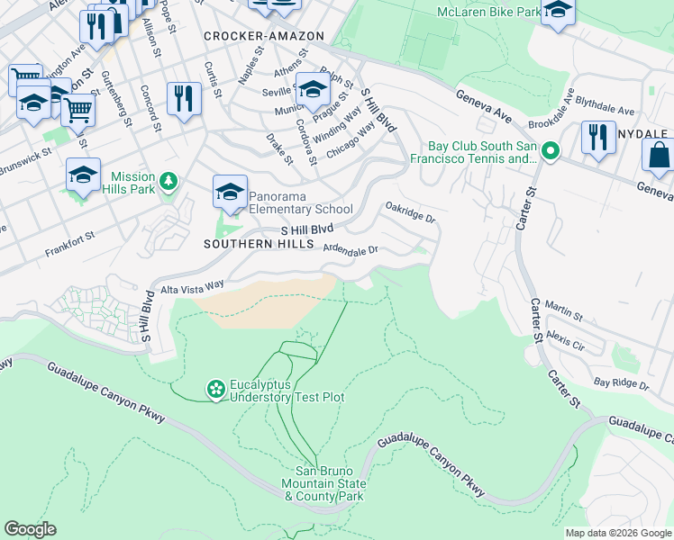 map of restaurants, bars, coffee shops, grocery stores, and more near 120 Ardendale Drive in Daly City