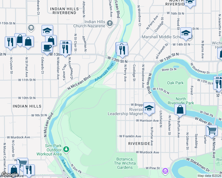 map of restaurants, bars, coffee shops, grocery stores, and more near in Wichita