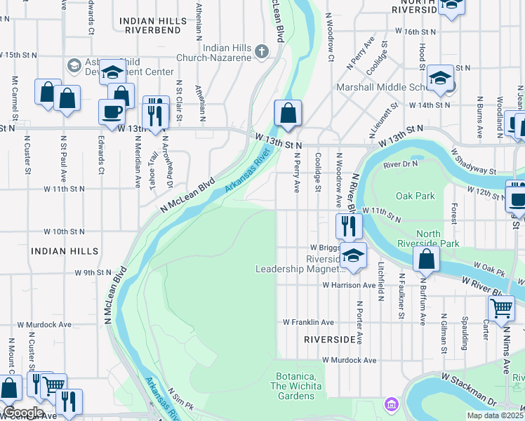 map of restaurants, bars, coffee shops, grocery stores, and more near 2499 West Sim Park Drive in Wichita