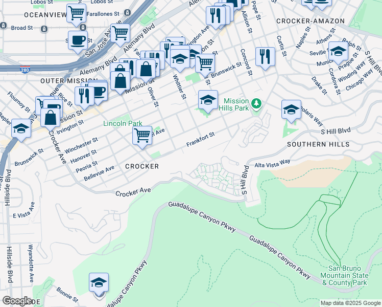 map of restaurants, bars, coffee shops, grocery stores, and more near 258 Edgemar Street in Daly City