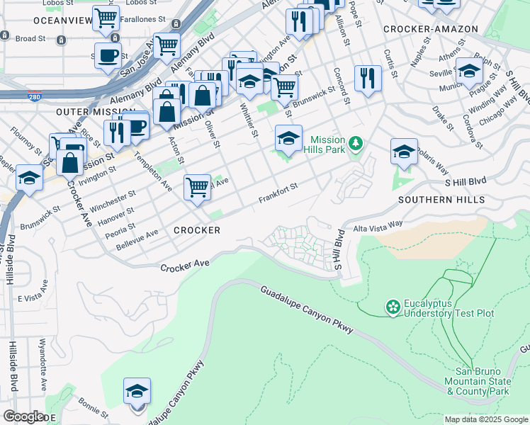 map of restaurants, bars, coffee shops, grocery stores, and more near 258 Edgemar Street in Daly City