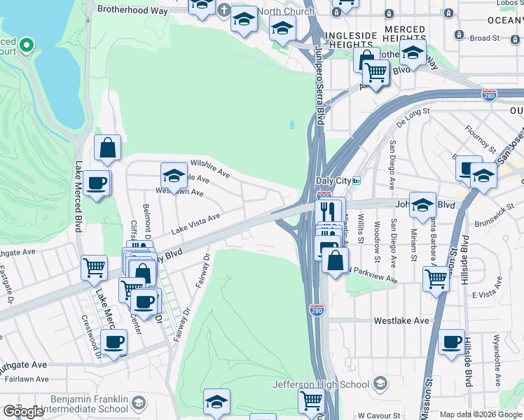 map of restaurants, bars, coffee shops, grocery stores, and more near North Mayfair Avenue in Daly City