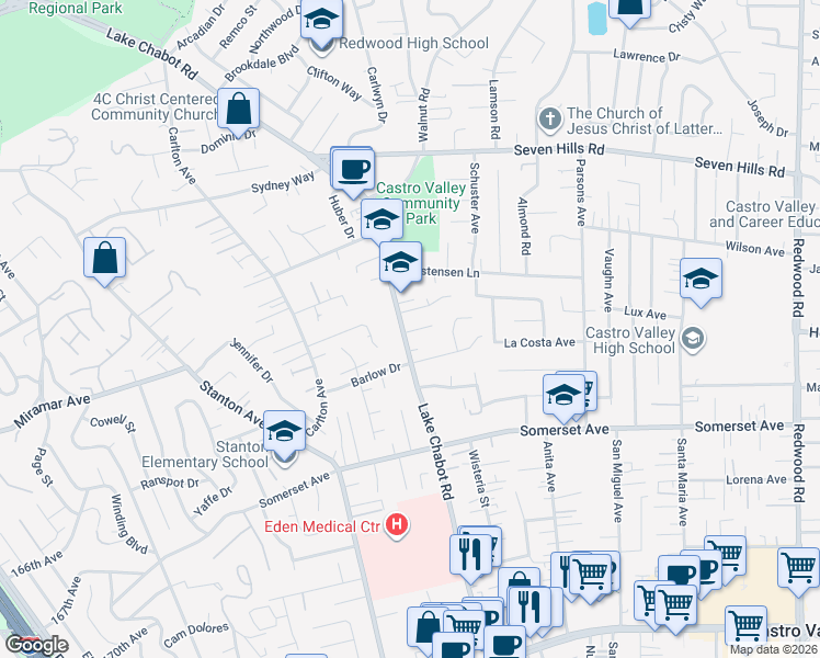 map of restaurants, bars, coffee shops, grocery stores, and more near 19358 Lake Chabot Road in Castro Valley