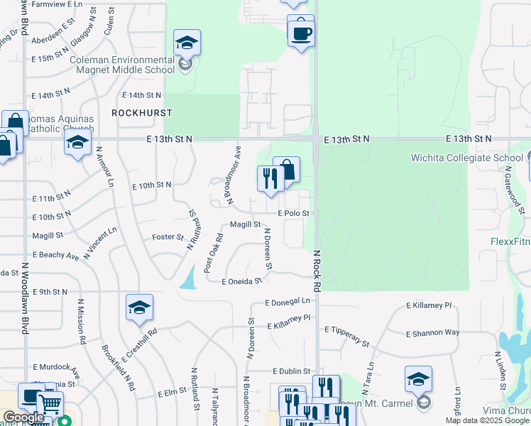 map of restaurants, bars, coffee shops, grocery stores, and more near 7676 East Polo Street in Wichita