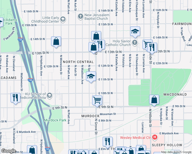 map of restaurants, bars, coffee shops, grocery stores, and more near 1219 North Grove Street in Wichita