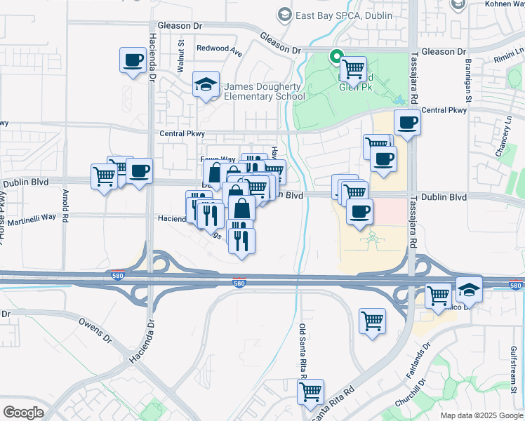 map of restaurants, bars, coffee shops, grocery stores, and more near 4556 Dublin Boulevard in Dublin