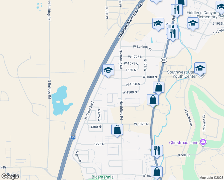 map of restaurants, bars, coffee shops, grocery stores, and more near 465 West 1600 North in Cedar City