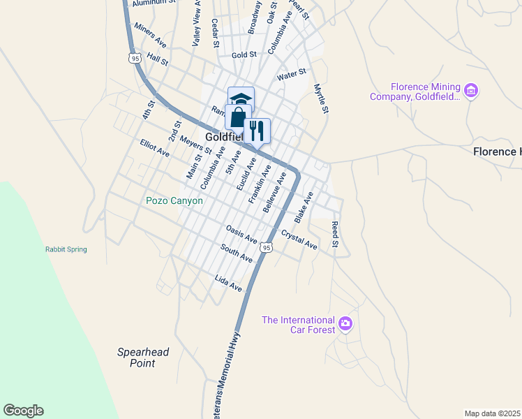 map of restaurants, bars, coffee shops, grocery stores, and more near in Goldfield