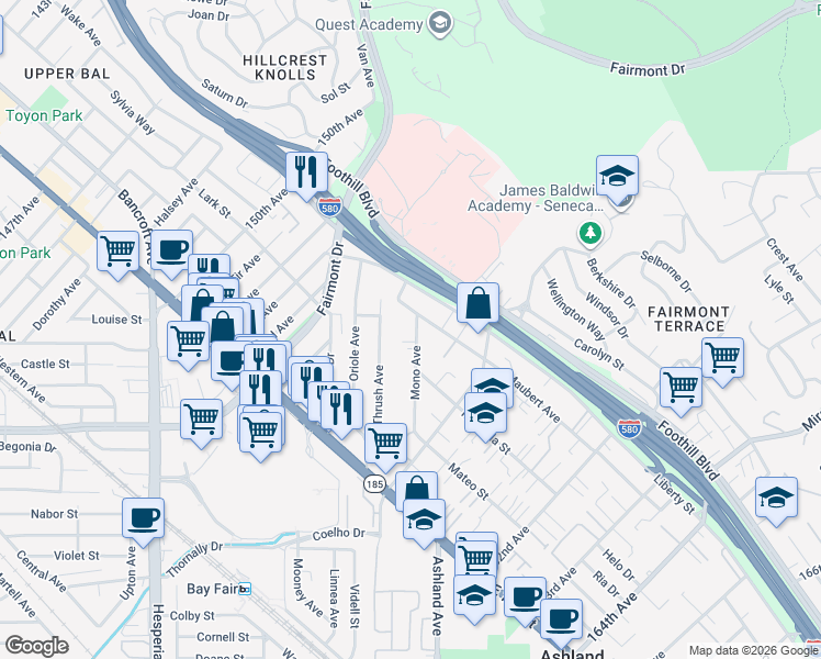 map of restaurants, bars, coffee shops, grocery stores, and more near 15602 Maubert Avenue in San Leandro