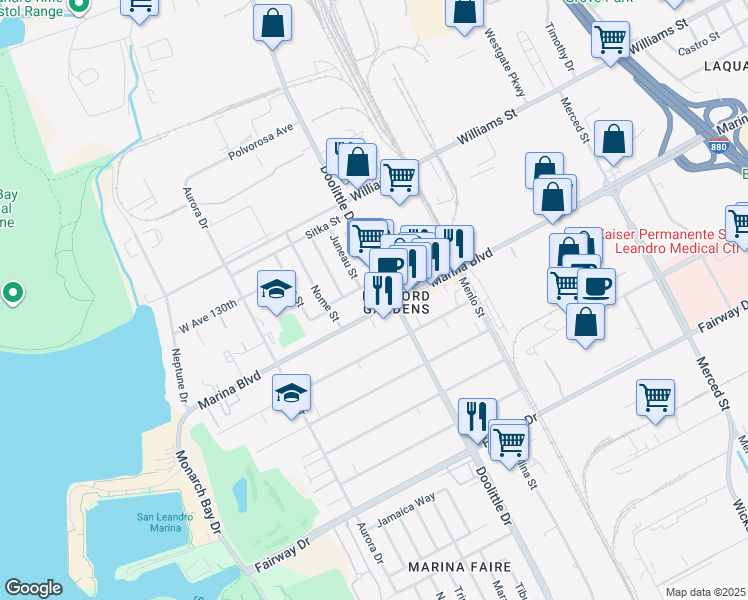 map of restaurants, bars, coffee shops, grocery stores, and more near 2117 Doolittle Drive in San Leandro