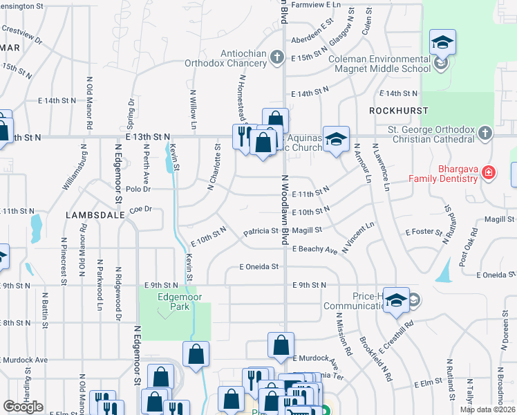 map of restaurants, bars, coffee shops, grocery stores, and more near 6110 East 11th Street North in Wichita