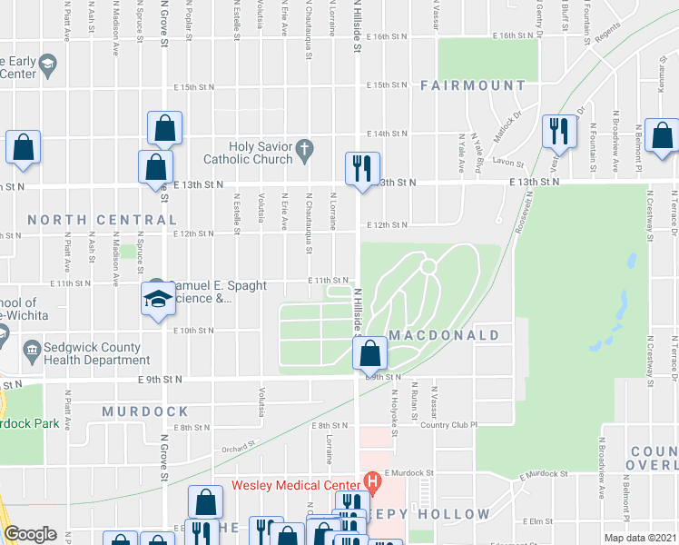 map of restaurants, bars, coffee shops, grocery stores, and more near 1225 North Lorraine in Wichita