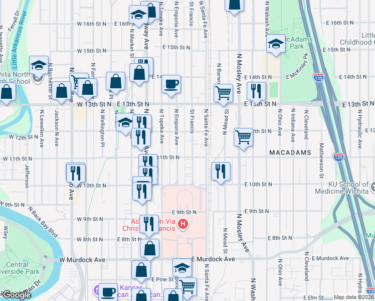map of restaurants, bars, coffee shops, grocery stores, and more near 1237 North Saint Francis Street in Wichita