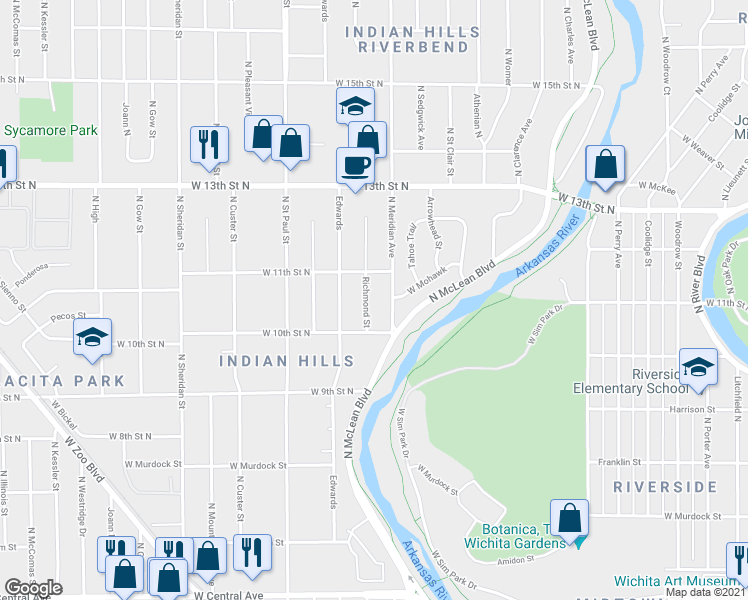 map of restaurants, bars, coffee shops, grocery stores, and more near 1162 Richmond Street in Wichita