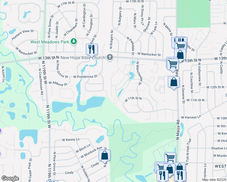 map of restaurants, bars, coffee shops, grocery stores, and more near 1200-1202 North Fieldcrest Street in Wichita