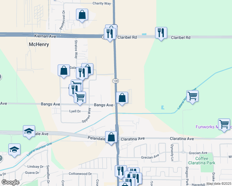 map of restaurants, bars, coffee shops, grocery stores, and more near 4513 McHenry Avenue in Modesto