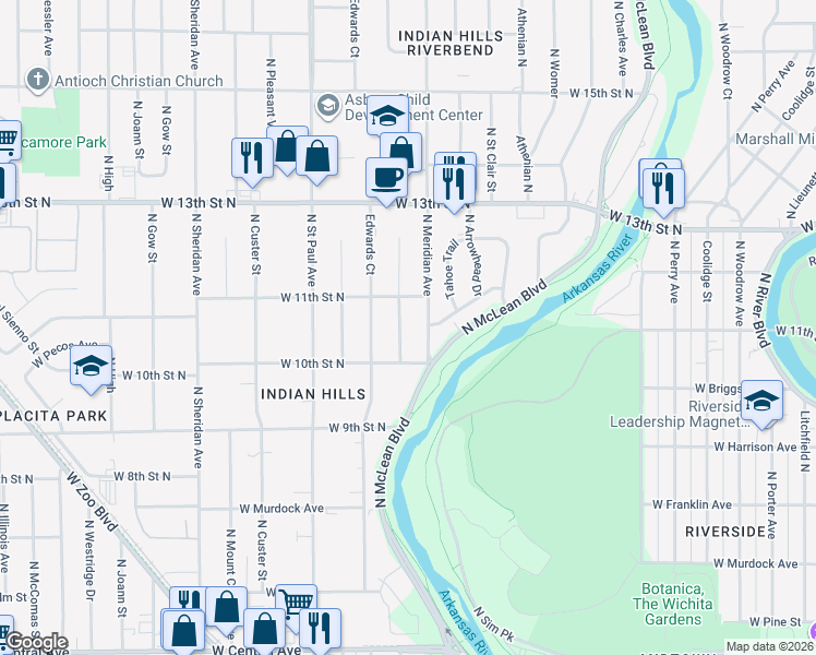 map of restaurants, bars, coffee shops, grocery stores, and more near 1162 Richmond Street in Wichita