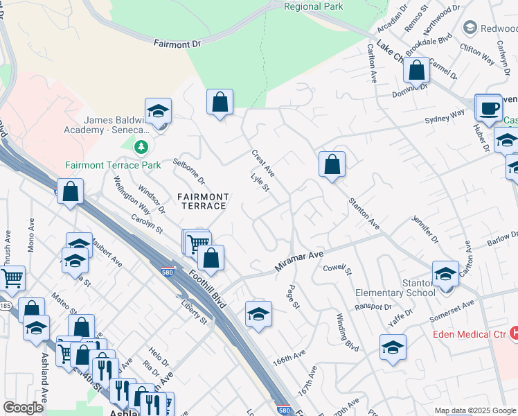 map of restaurants, bars, coffee shops, grocery stores, and more near 2412 Lyle Court in San Leandro