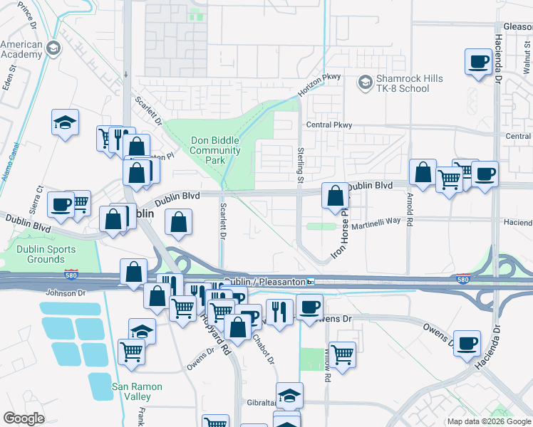 map of restaurants, bars, coffee shops, grocery stores, and more near 5850 Melodia Circle in Dublin