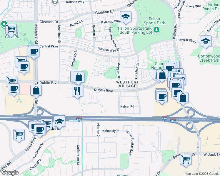map of restaurants, bars, coffee shops, grocery stores, and more near 3275 Dublin Boulevard in Dublin