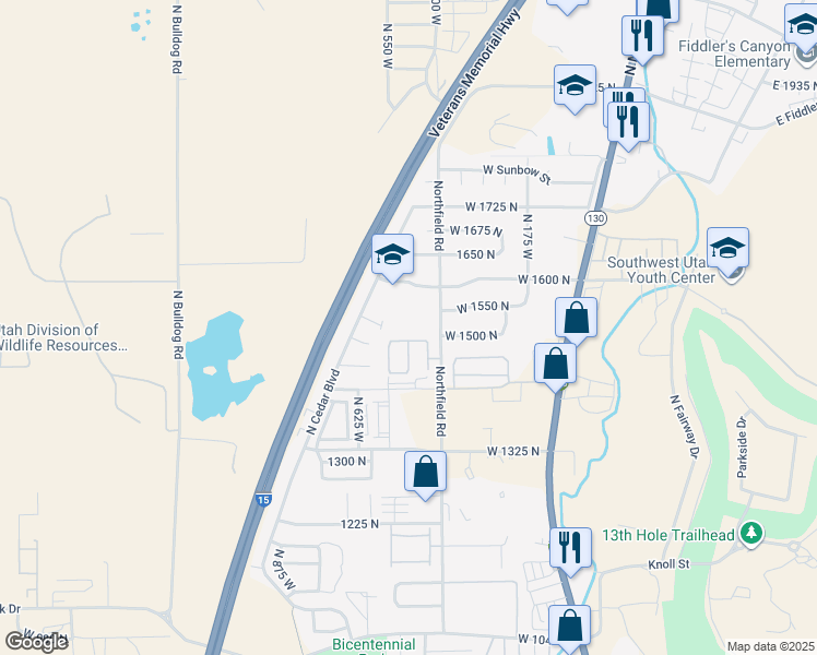 map of restaurants, bars, coffee shops, grocery stores, and more near 465 West 1600 North in Cedar City