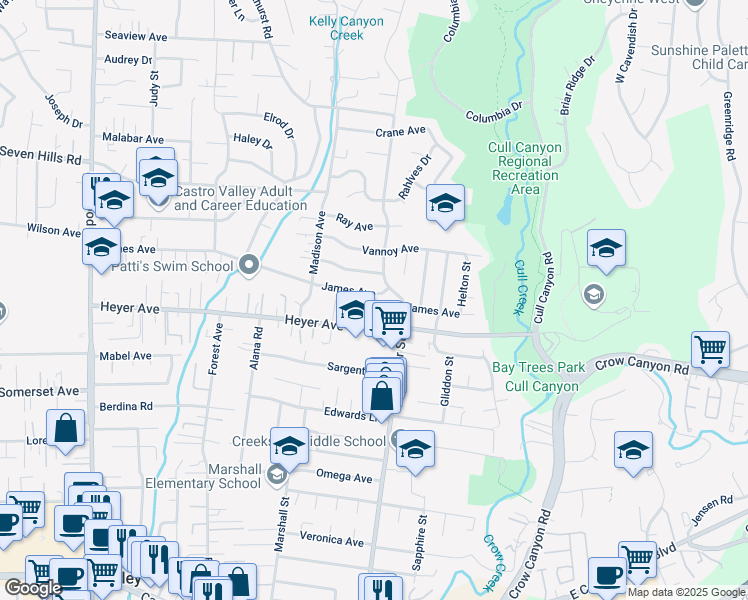 map of restaurants, bars, coffee shops, grocery stores, and more near 4860 James Avenue in Castro Valley