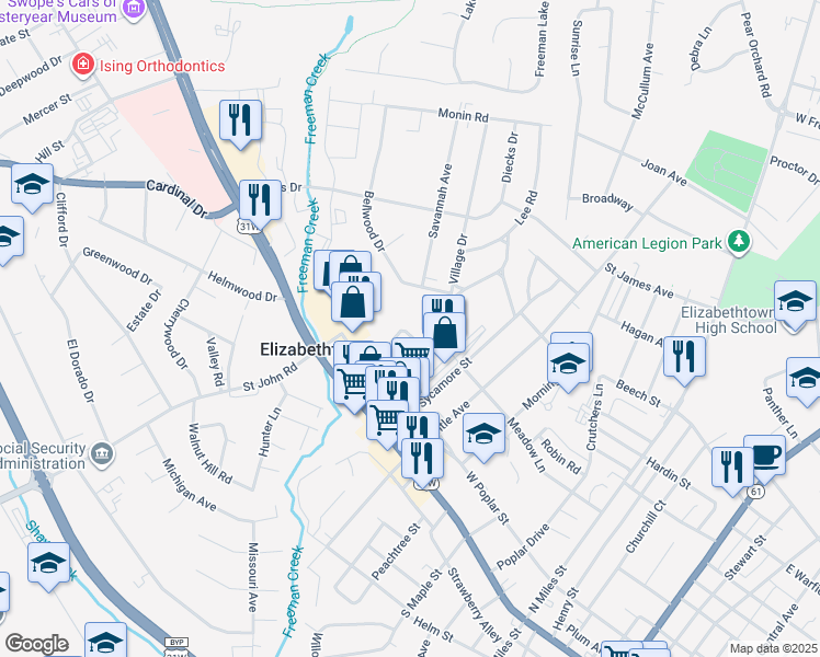 map of restaurants, bars, coffee shops, grocery stores, and more near 539 Cherry Drive in Elizabethtown