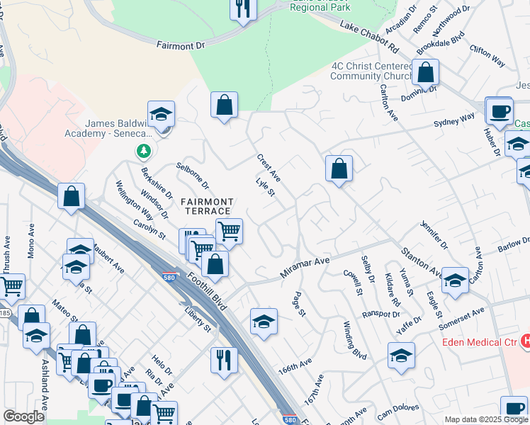 map of restaurants, bars, coffee shops, grocery stores, and more near 2412 Lyle Court in San Leandro