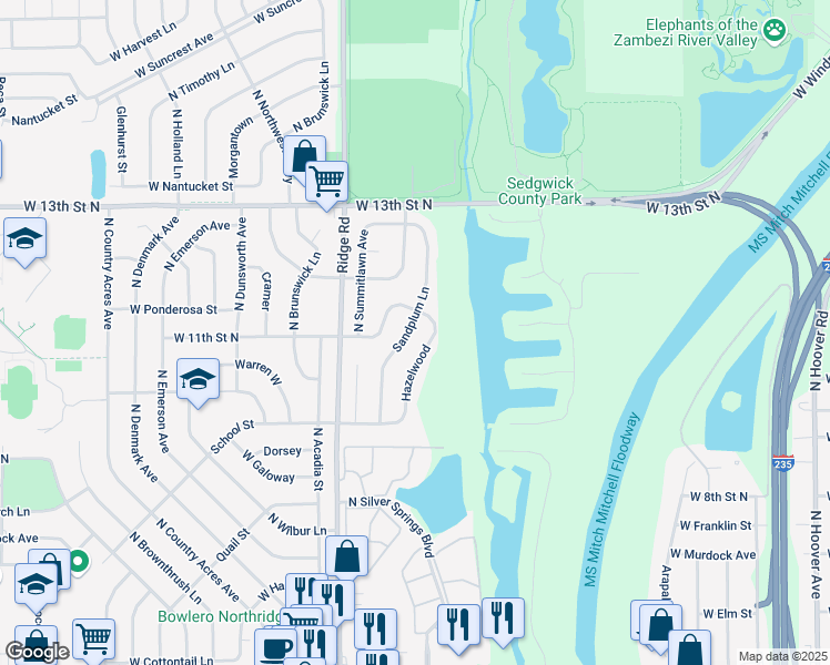 map of restaurants, bars, coffee shops, grocery stores, and more near 1158 Sandplum Lane in Wichita