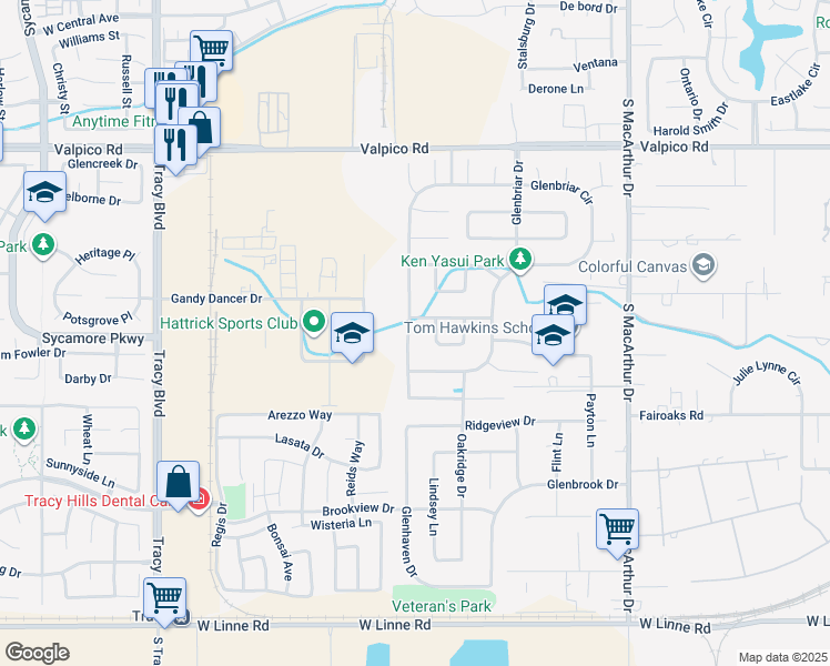 map of restaurants, bars, coffee shops, grocery stores, and more near 395 Glenbriar Circle in Tracy