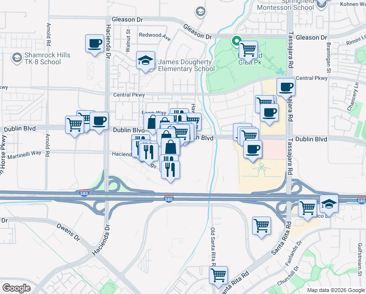 map of restaurants, bars, coffee shops, grocery stores, and more near 4556 Dublin Boulevard in Dublin