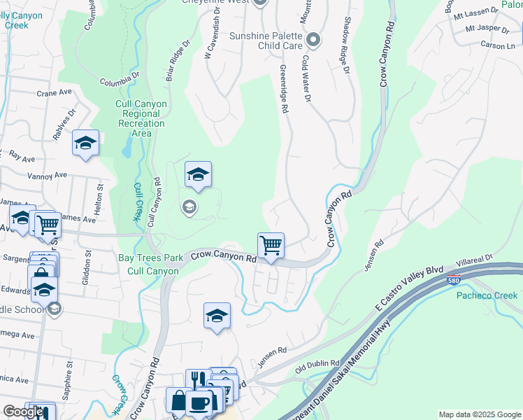 map of restaurants, bars, coffee shops, grocery stores, and more near 5288 Crown Court in Castro Valley