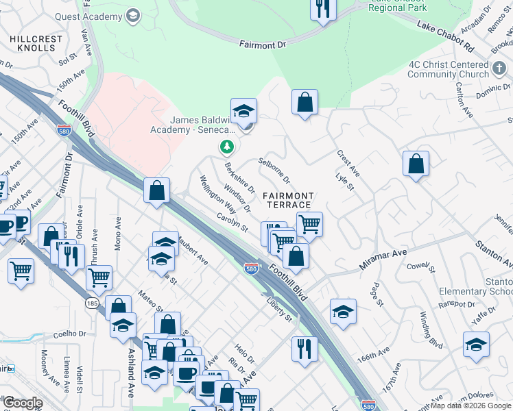map of restaurants, bars, coffee shops, grocery stores, and more near 16111 Berkshire Drive in San Leandro