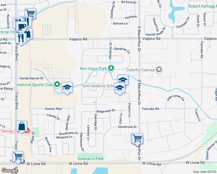 map of restaurants, bars, coffee shops, grocery stores, and more near 475 Darlene Lane in Tracy