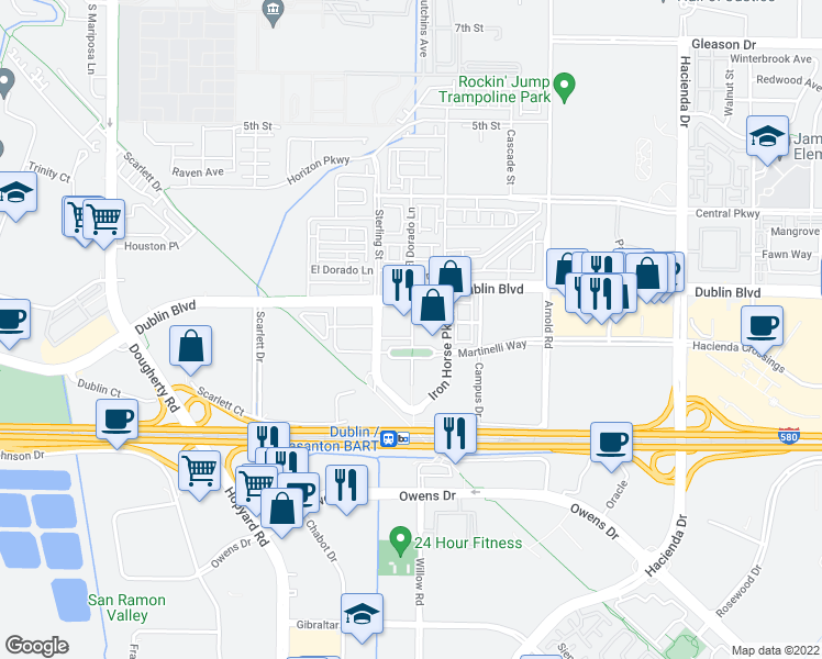 map of restaurants, bars, coffee shops, grocery stores, and more near 5501 DeMarcus Boulevard in Dublin