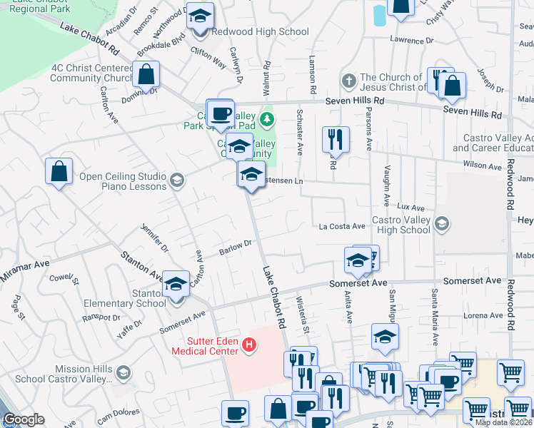 map of restaurants, bars, coffee shops, grocery stores, and more near 3185 Barett Court in Castro Valley