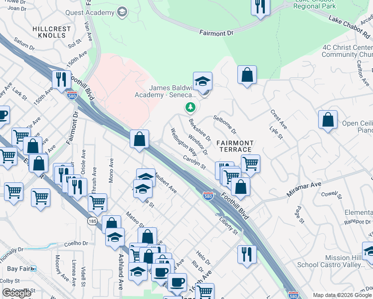 map of restaurants, bars, coffee shops, grocery stores, and more near 16004 Wellington Way in San Leandro