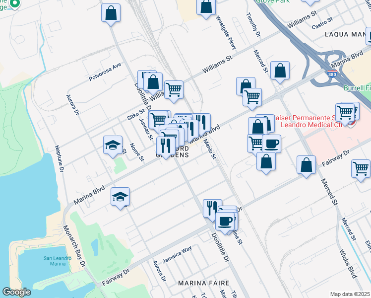 map of restaurants, bars, coffee shops, grocery stores, and more near 2145a Marina Boulevard in San Leandro