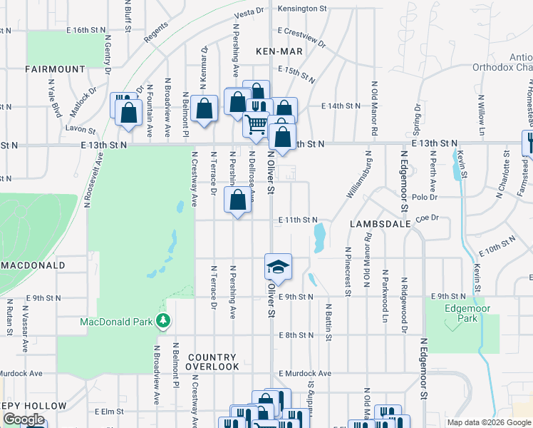 map of restaurants, bars, coffee shops, grocery stores, and more near 1229 North Oliver Street in Wichita