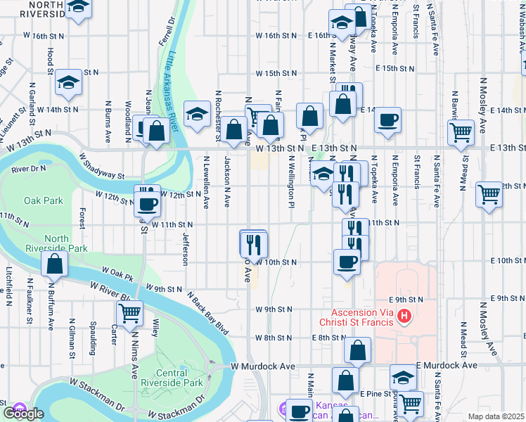map of restaurants, bars, coffee shops, grocery stores, and more near 1237 North Fairview Avenue in Wichita