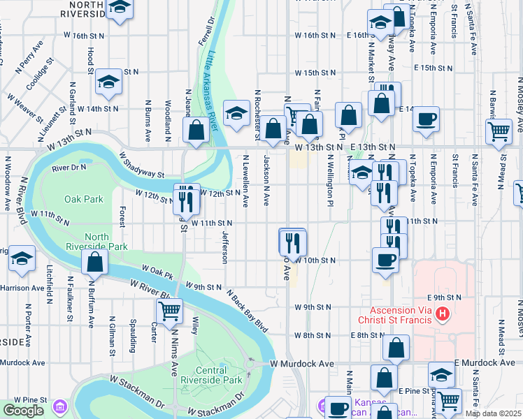 map of restaurants, bars, coffee shops, grocery stores, and more near 1230 Lewellen Street in Wichita