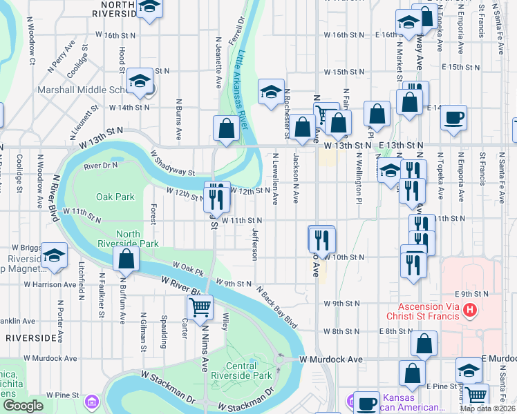 map of restaurants, bars, coffee shops, grocery stores, and more near 1228 Jefferson in Wichita