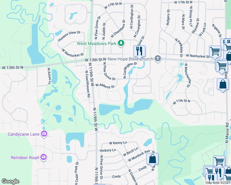 map of restaurants, bars, coffee shops, grocery stores, and more near 15 West Alderny Court in Wichita