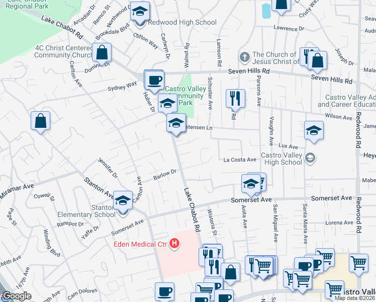 map of restaurants, bars, coffee shops, grocery stores, and more near 19358 Lake Chabot Road in Castro Valley