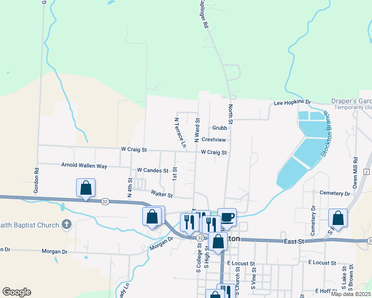 map of restaurants, bars, coffee shops, grocery stores, and more near 616 N Terrace Ln in Stockton