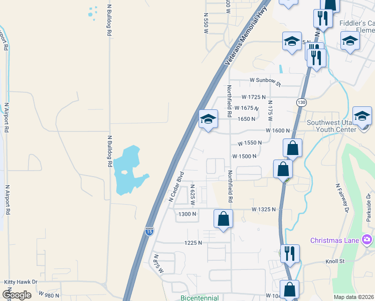map of restaurants, bars, coffee shops, grocery stores, and more near 1531 North Cedar Boulevard in Cedar City
