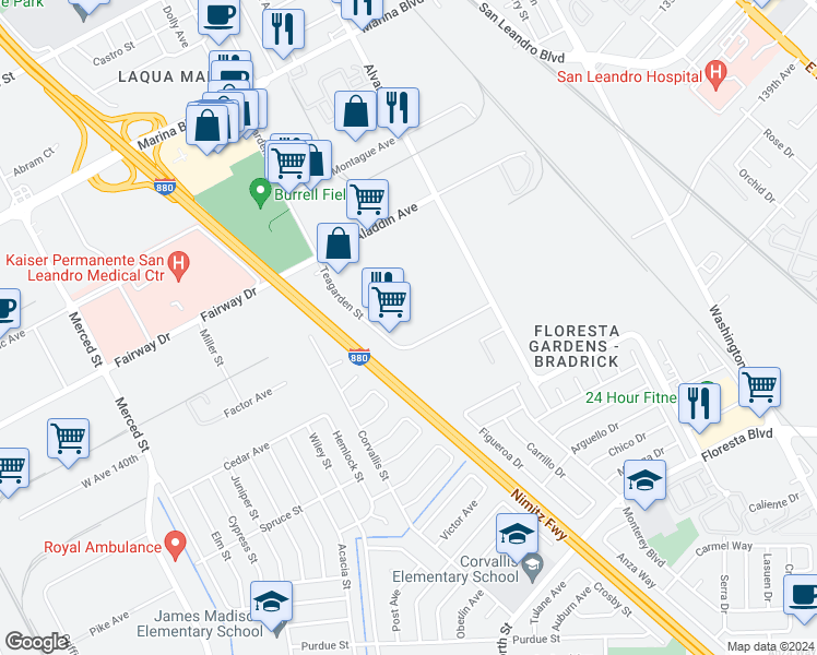 map of restaurants, bars, coffee shops, grocery stores, and more near 2982 Teagarden Street in San Leandro